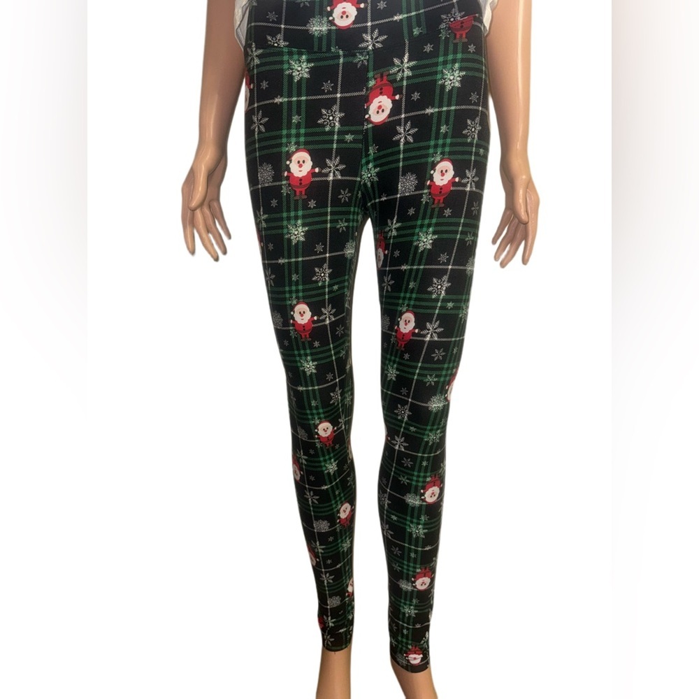 Santa Plaid Christmas Leggings Holiday Stretch Winter Pants size medium